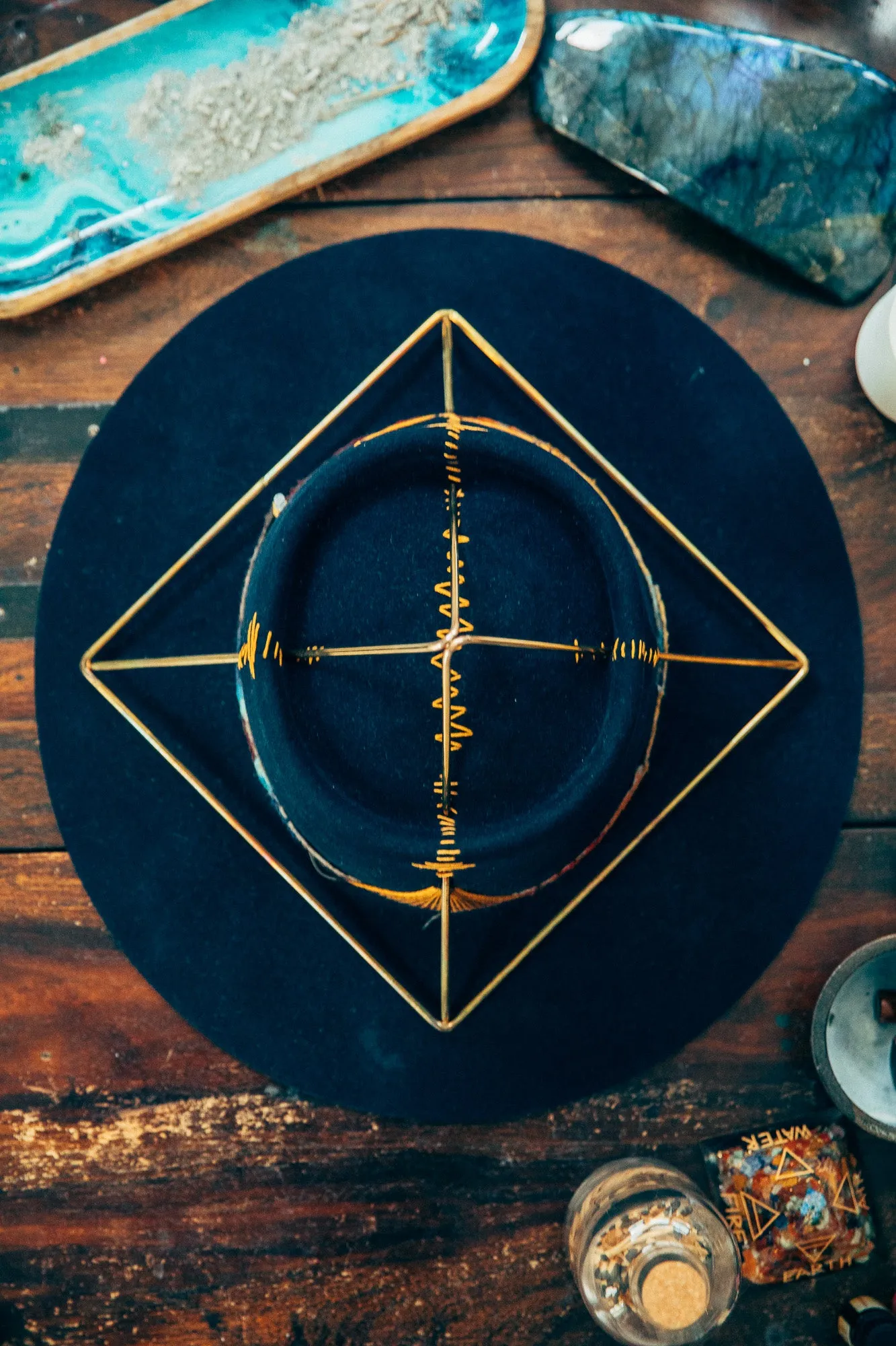 Blue Pyramid with code stitches