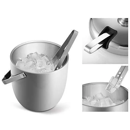Fortune Candy Insulated Ice Bucket - Double Walled Stainless Steel Ice Bucket with Ice Tongs, Scoop, Lid, and Exclusive Handmade Nylon Holder - 2.8 L, Silver/Navy Blue
