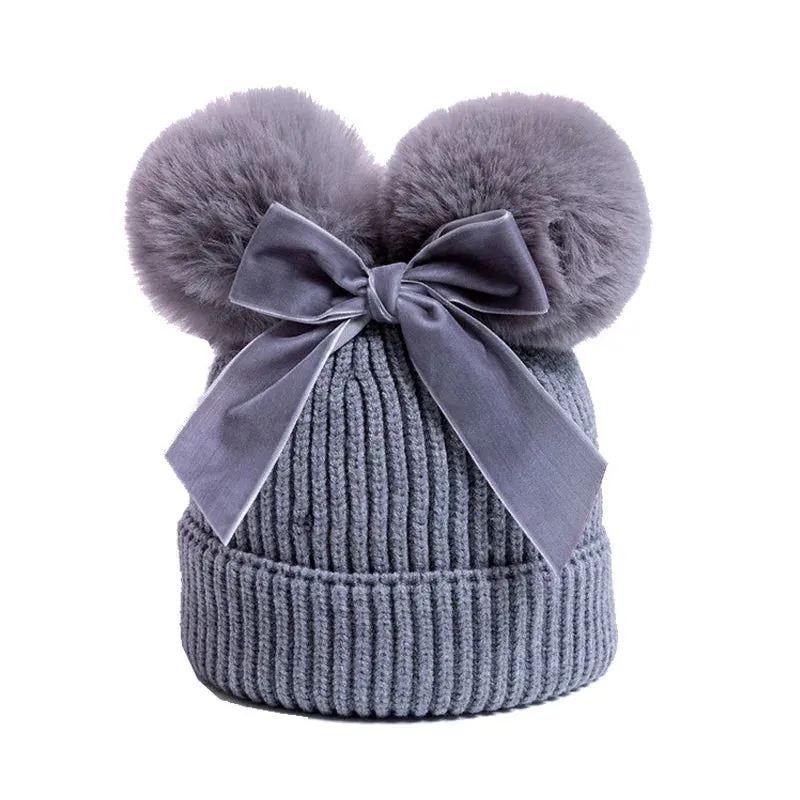 Pompom Bow Kids Beanie