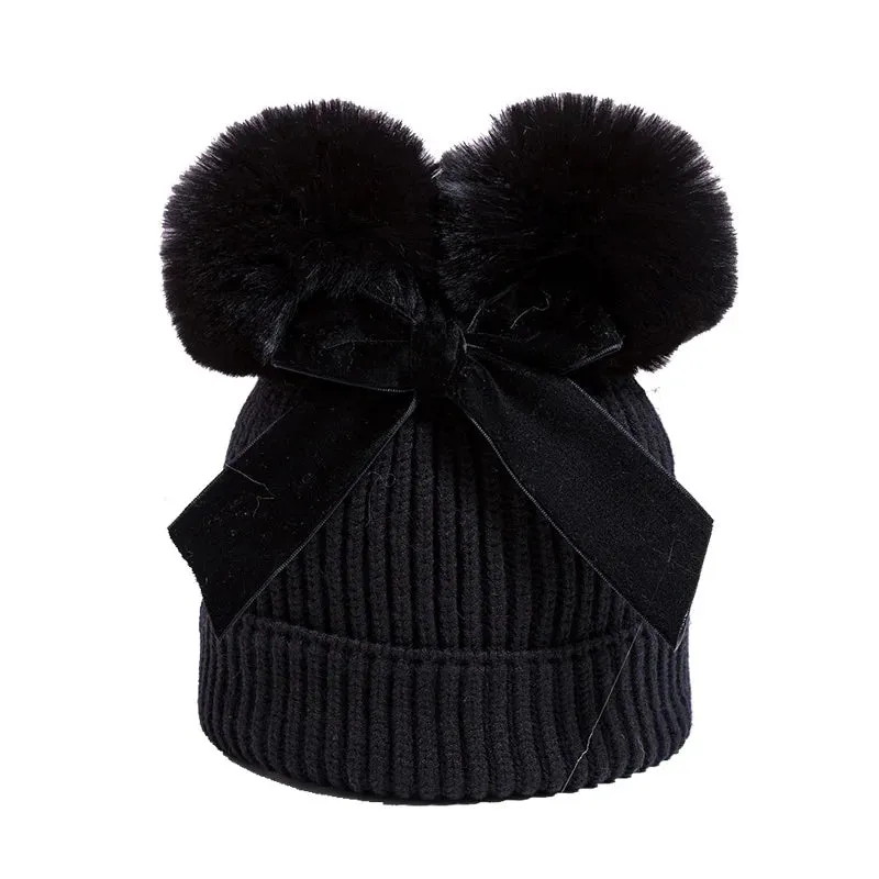 Pompom Bow Kids Beanie