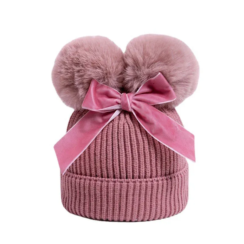 Pompom Bow Kids Beanie