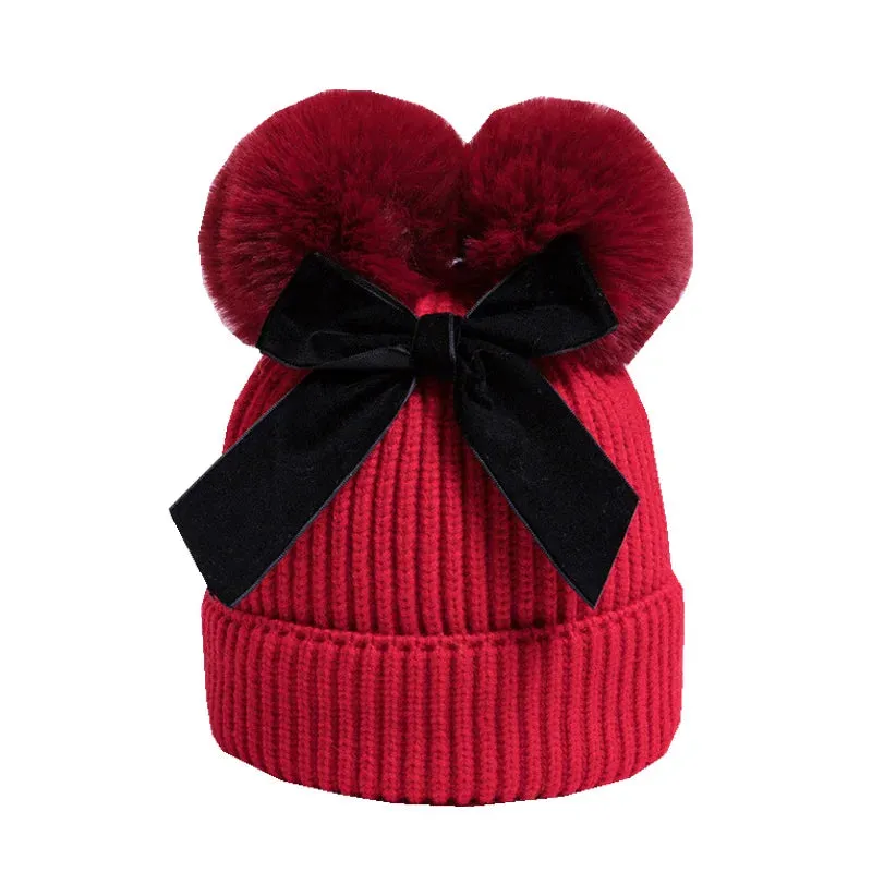 Pompom Bow Kids Beanie