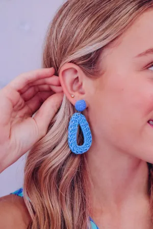 Raffia Wrapped Tear Drop Earrings - Blue